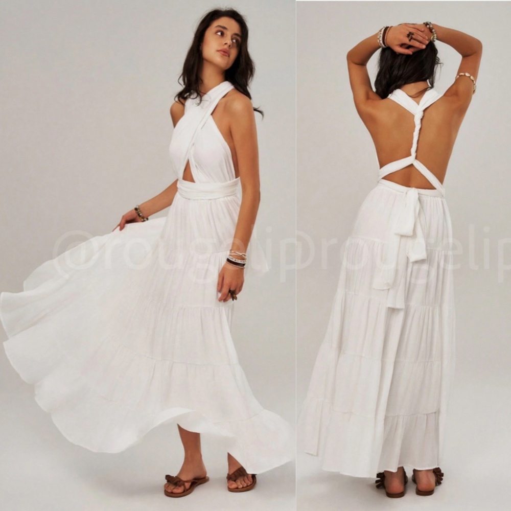 White Bohemian Long Flared Tie Dress